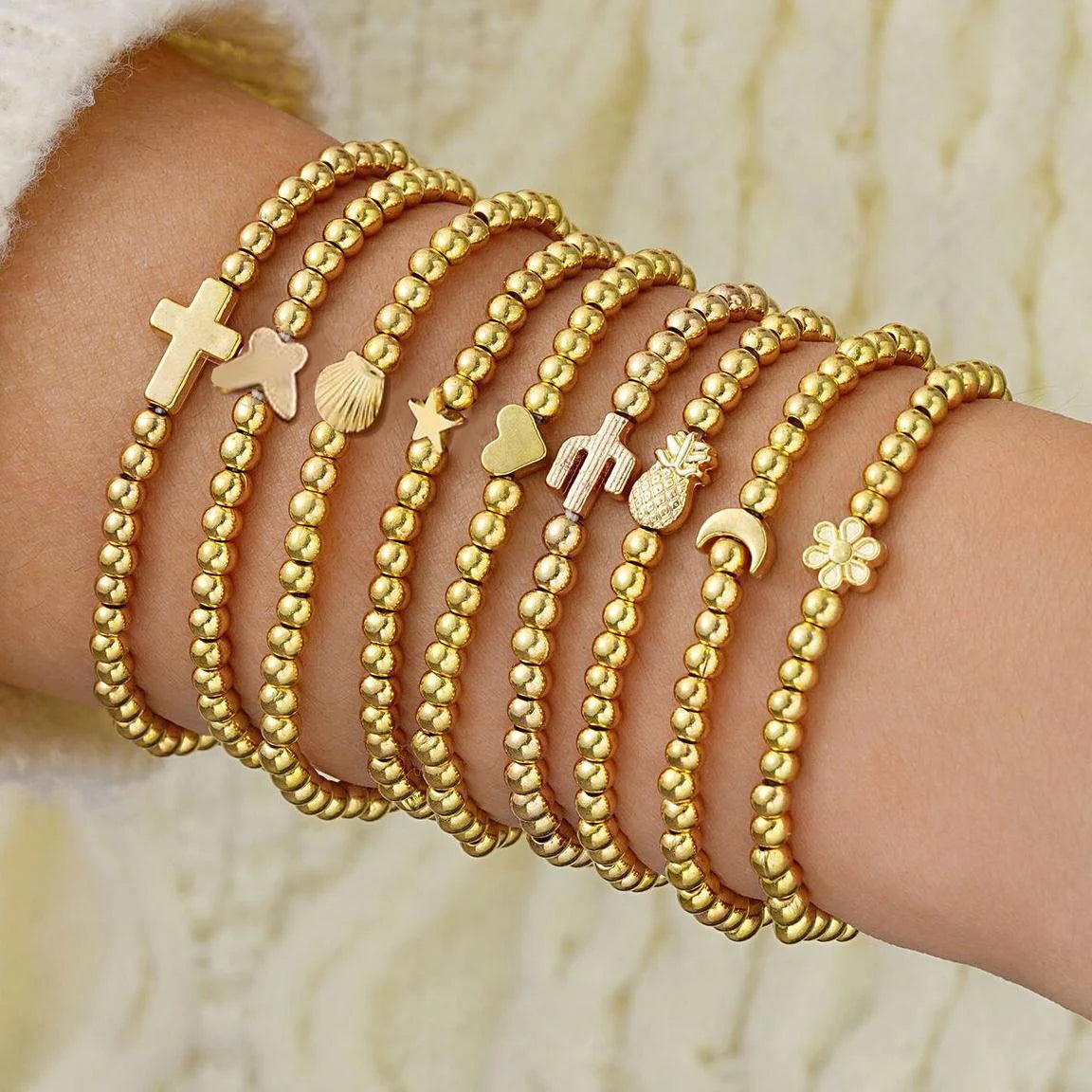 7Pcs/Set Bohemian Heart Beads Bracelets For Women Elegant Crystal Round Pendant Elastic Bracelets Set Fashion Party Jewelry Gift