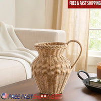 9 Inch Faux Wood Rattan Pitcher Vase Decorative Woven Design Home Decor Dried Flowers Plant Display Entryway Living Room