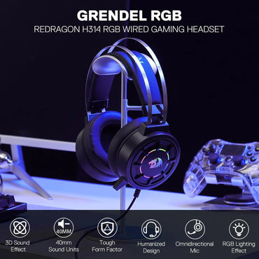 Redragon H314 RGB Gaming Headset - Wired Computer Headset with 40mm Drivers, USB Connection, Lightweight Design, and Soft PU Lea