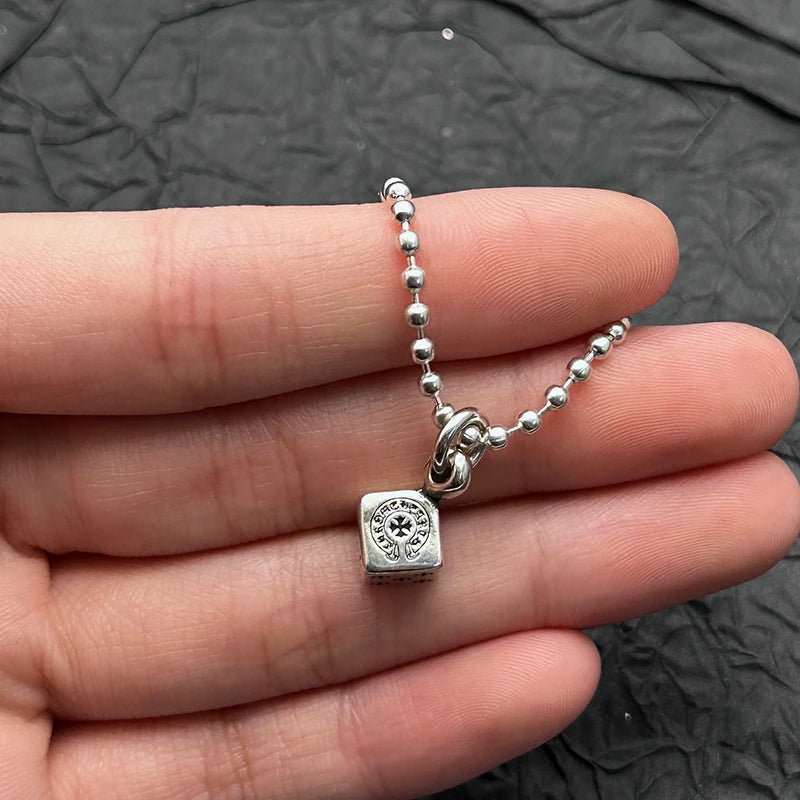 S925 Sterling Silver Retro Old Ring Dice Pendant Necklace European and American Men and Women Niche