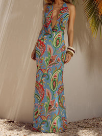 Elegant Floral Print Sleeveless Maxi Dress with V-Neckline and Open Back Design for Summer Parties and Events