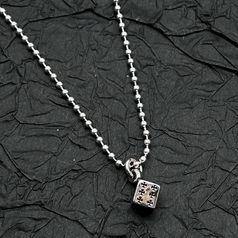S925 Sterling Silver Retro Old Ring Dice Pendant Necklace European and American Men and Women Niche
