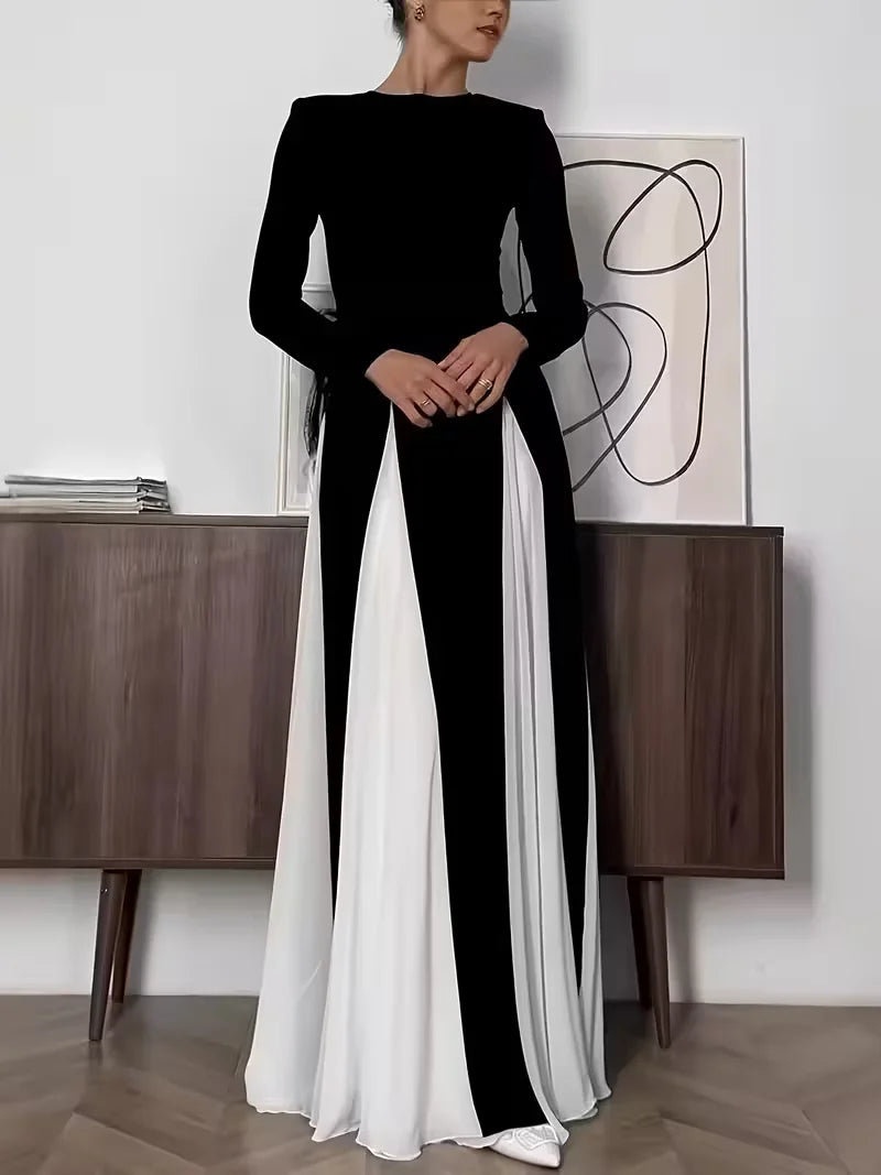 Womens Sexy Long Sleeve O Neck Colorblock A-Line Party Clubwear Long Dress