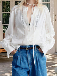 Women s Casual V-Neck Long Sleeve Button Down Shirt with Lace Detailing and Balloon Sleeves - Stylish Fall Blouse