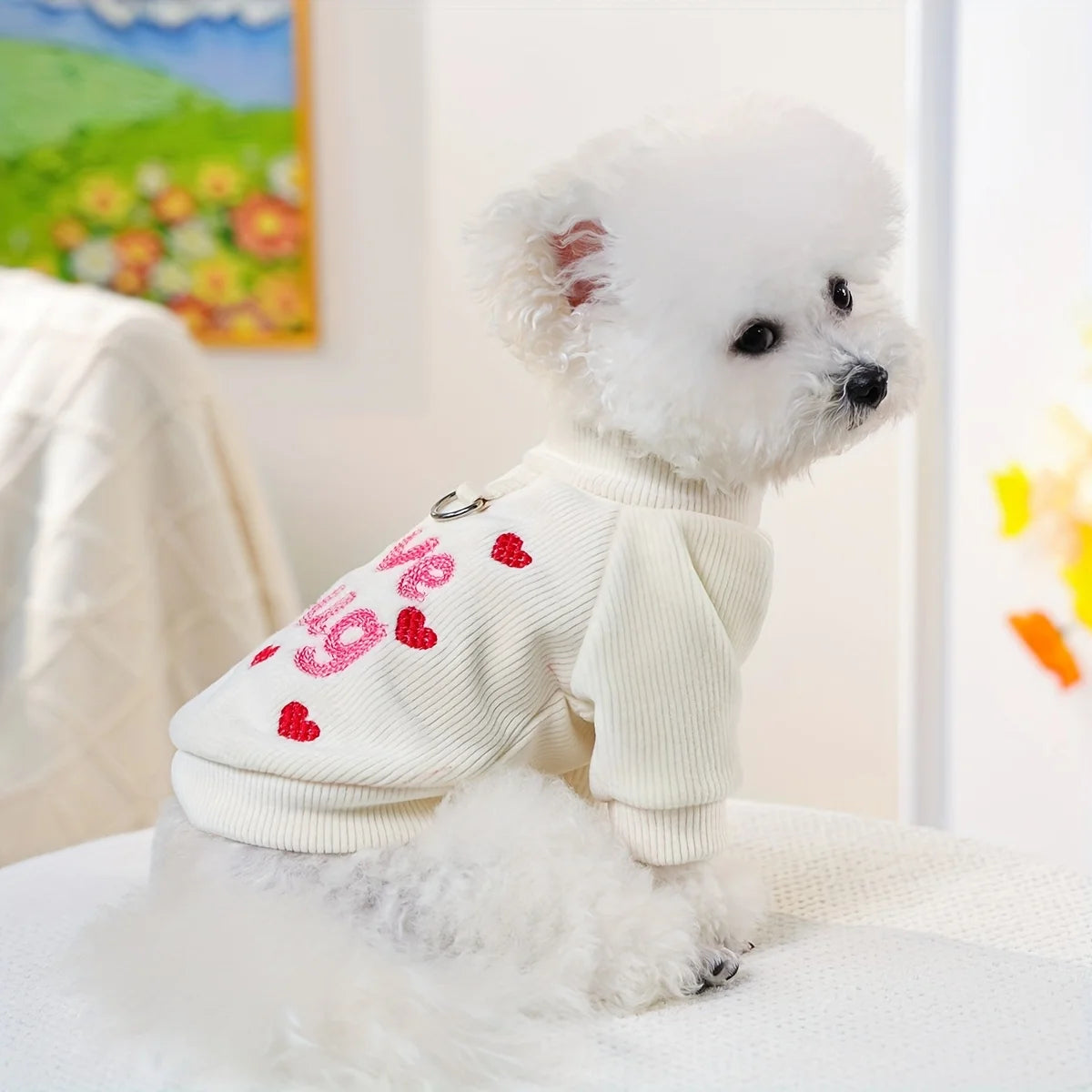 Embroidered Heart Pet Sweatshirt with Leash Ring for Bichon Pomeranian Teddy Dogs Spring Autumn Winter Warm Dog Apparel