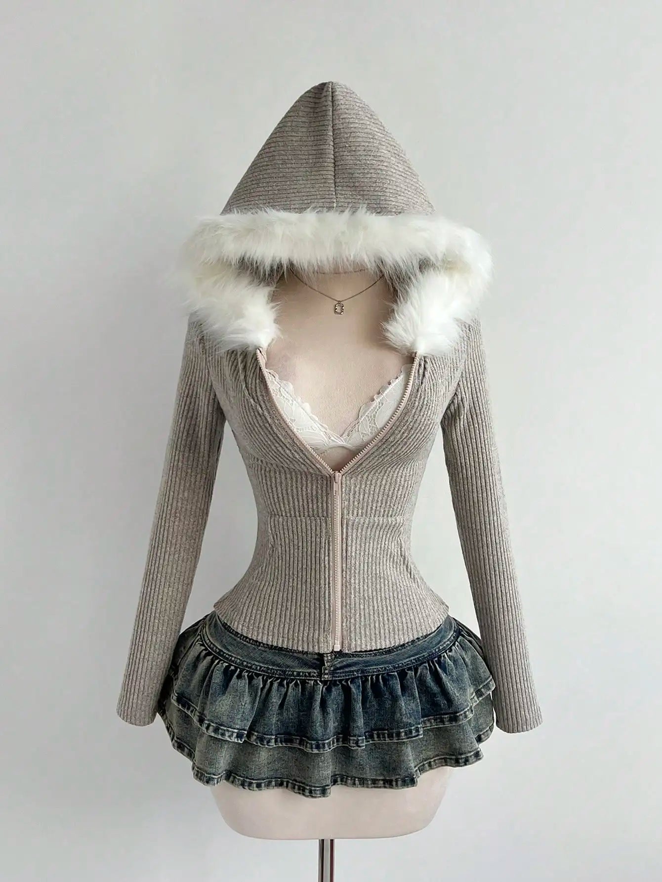 White Ribbed Knit Hoodie with Faux Fur Collar, Zip-Up, Fitted Long Sleeve for Casual Autumn Winter Wear