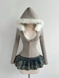 White Ribbed Knit Hoodie with Faux Fur Collar, Zip-Up, Fitted Long Sleeve for Casual Autumn Winter Wear