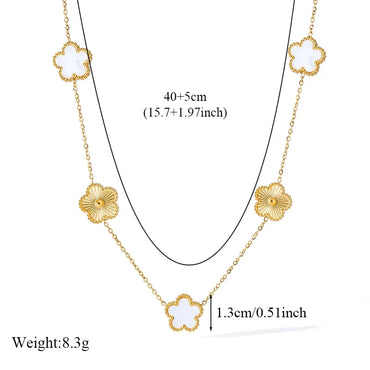 Stainless Steel White Plum Blossom Plant Leaf Flower Set Reversible Necklace Earrings Bracelet Women Clover Jewelry