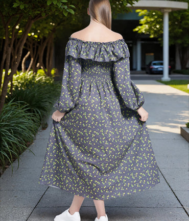 Boho Flower Print Dress Women Off Shoulder Long Sleeve Spring Summer A Line Dress Ladies Sweet Long Sundress Party Dresses