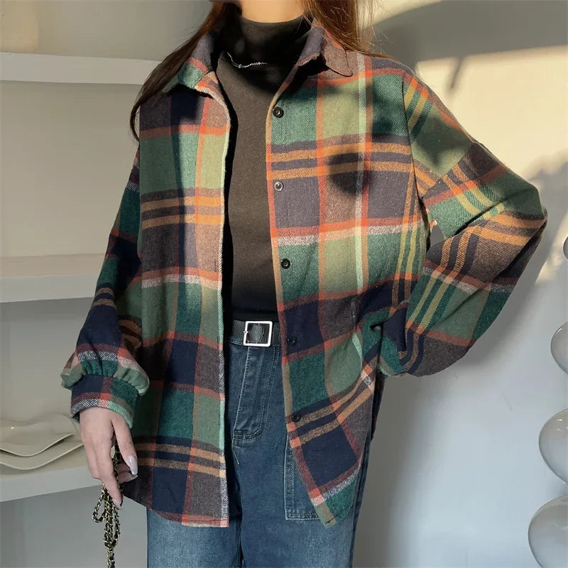 Versatile Button Trendy Outerwear 2026 Thickened Woolen Plaid Shirt Women Loose Mid-Length Autumn Winter New Blouse