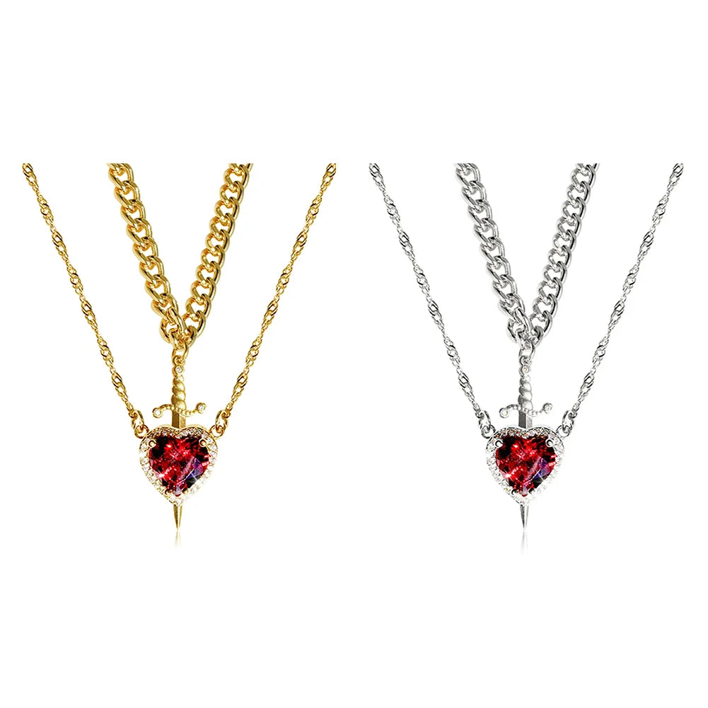 Heart and Sword Couples Necklace Heart Zirconia Chain Trendy Matching Sword Through Heart Necklace Set