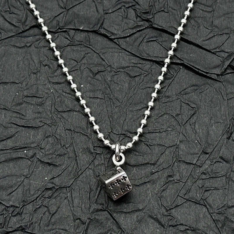 S925 Sterling Silver Retro Old Ring Dice Pendant Necklace European and American Men and Women Niche
