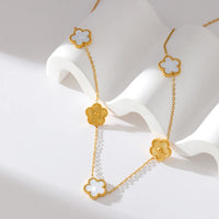 Stainless Steel White Plum Blossom Plant Leaf Flower Set Reversible Necklace Earrings Bracelet Women Clover Jewelry