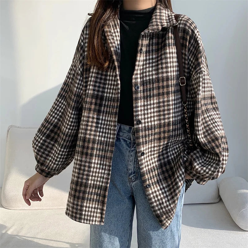Versatile Button Trendy Outerwear 2026 Thickened Woolen Plaid Shirt Women Loose Mid-Length Autumn Winter New Blouse