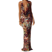 Elegant Floral Print Sleeveless Maxi Dress with V-Neckline and Open Back Design for Summer Parties and Events