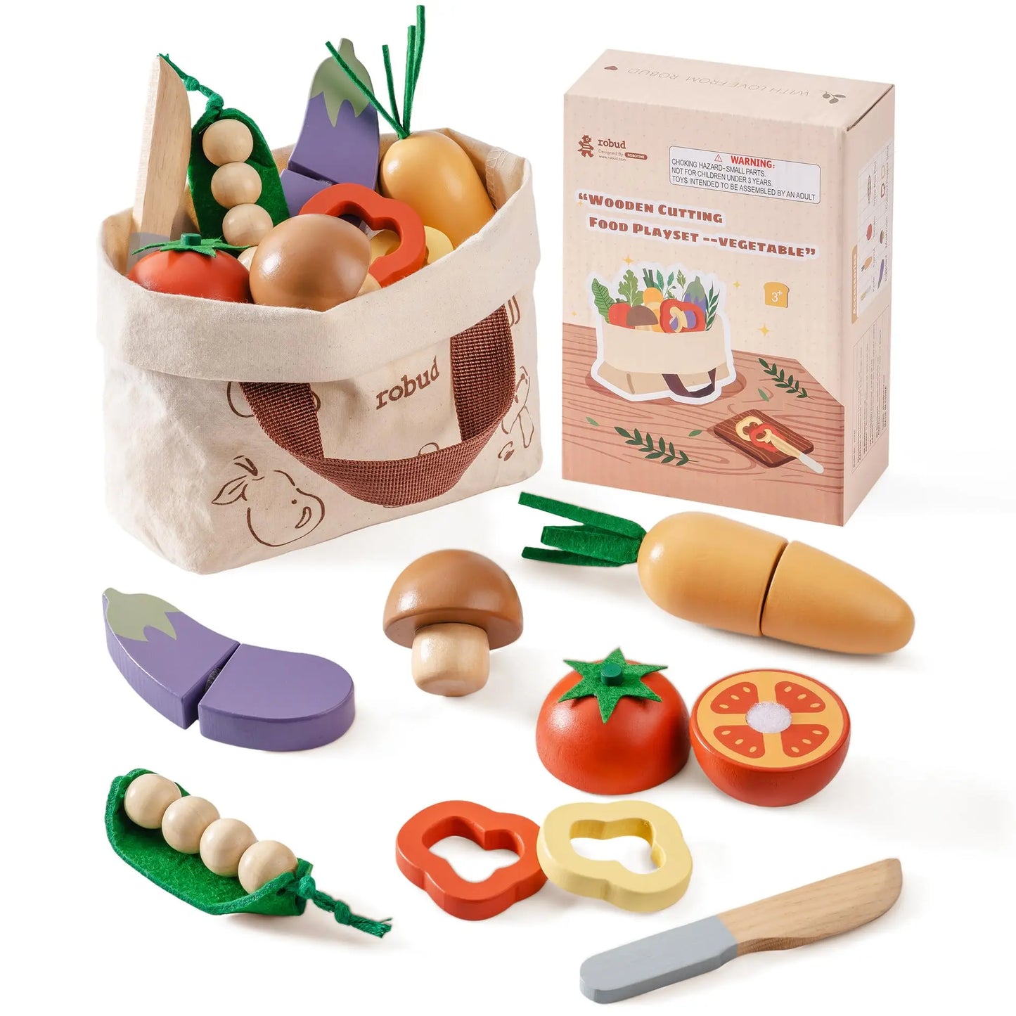 ROBUD Wooden Pretend Play Food Set Cutting Toy Food Play Kitchen Accessories Toy Food with Storage Bag Toys Gifts for Girls Boys