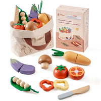ROBUD Wooden Pretend Play Food Set Cutting Toy Food Play Kitchen Accessories Toy Food with Storage Bag Toys Gifts for Girls Boys