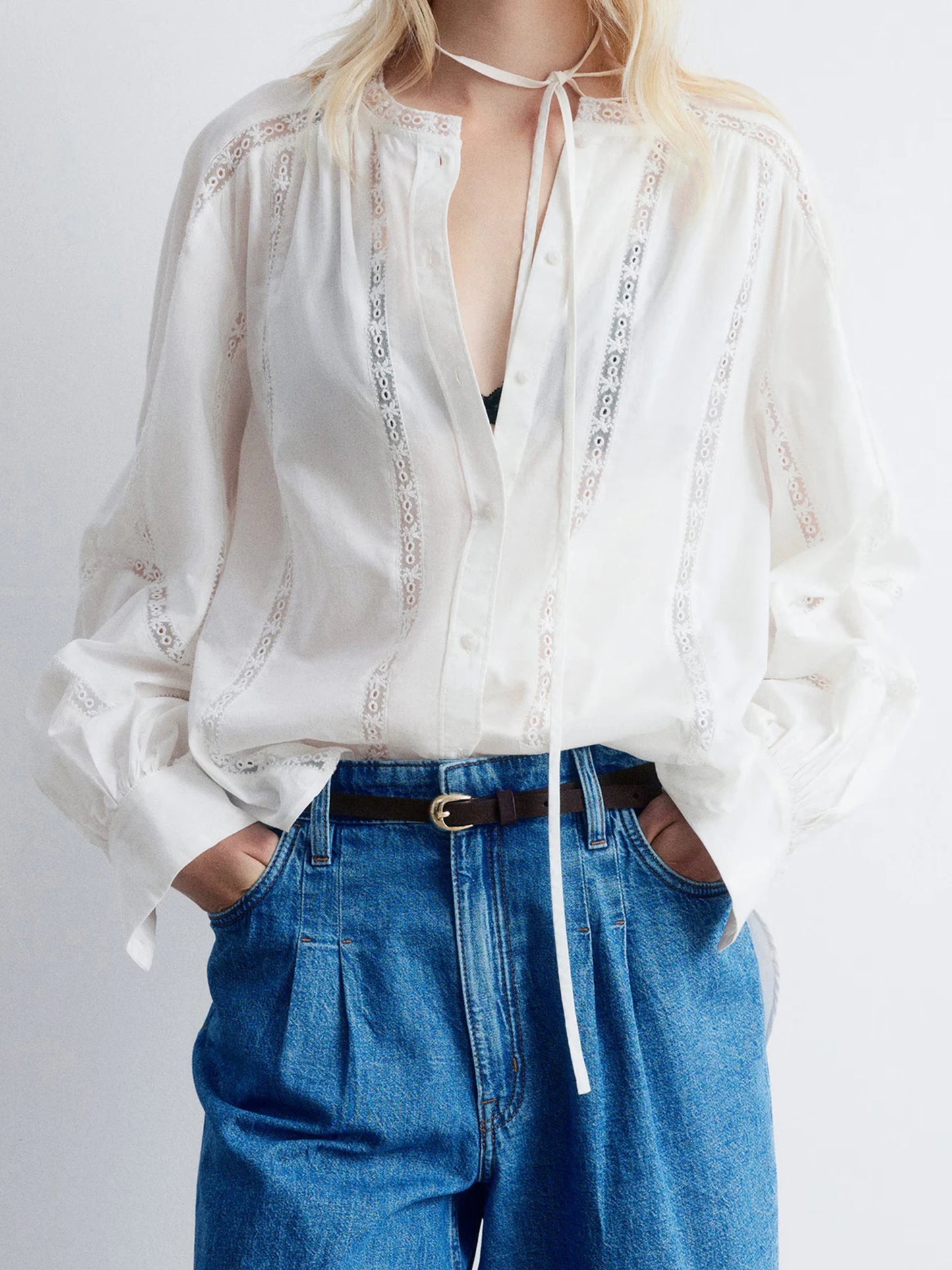 Women s Casual V-Neck Long Sleeve Button Down Shirt with Lace Detailing and Balloon Sleeves - Stylish Fall Blouse