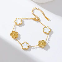 Stainless Steel White Plum Blossom Plant Leaf Flower Set Reversible Necklace Earrings Bracelet Women Clover Jewelry