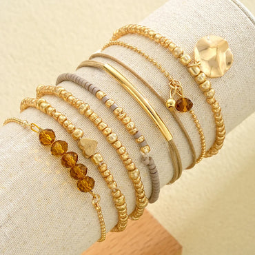 7Pcs/Set Bohemian Heart Beads Bracelets For Women Elegant Crystal Round Pendant Elastic Bracelets Set Fashion Party Jewelry Gift