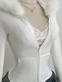 White Ribbed Knit Hoodie with Faux Fur Collar, Zip-Up, Fitted Long Sleeve for Casual Autumn Winter Wear