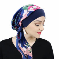 Satin printed headscarf hat for women, elastic wide brimmed nightcap with straps, pirate headband hat