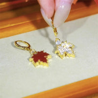 Fashion Rhinestone Red Maple Leaf Earrings For Women Autumn and Winter Crystal Zircon Tassel Earrings Wedding Party Jewelry Gift