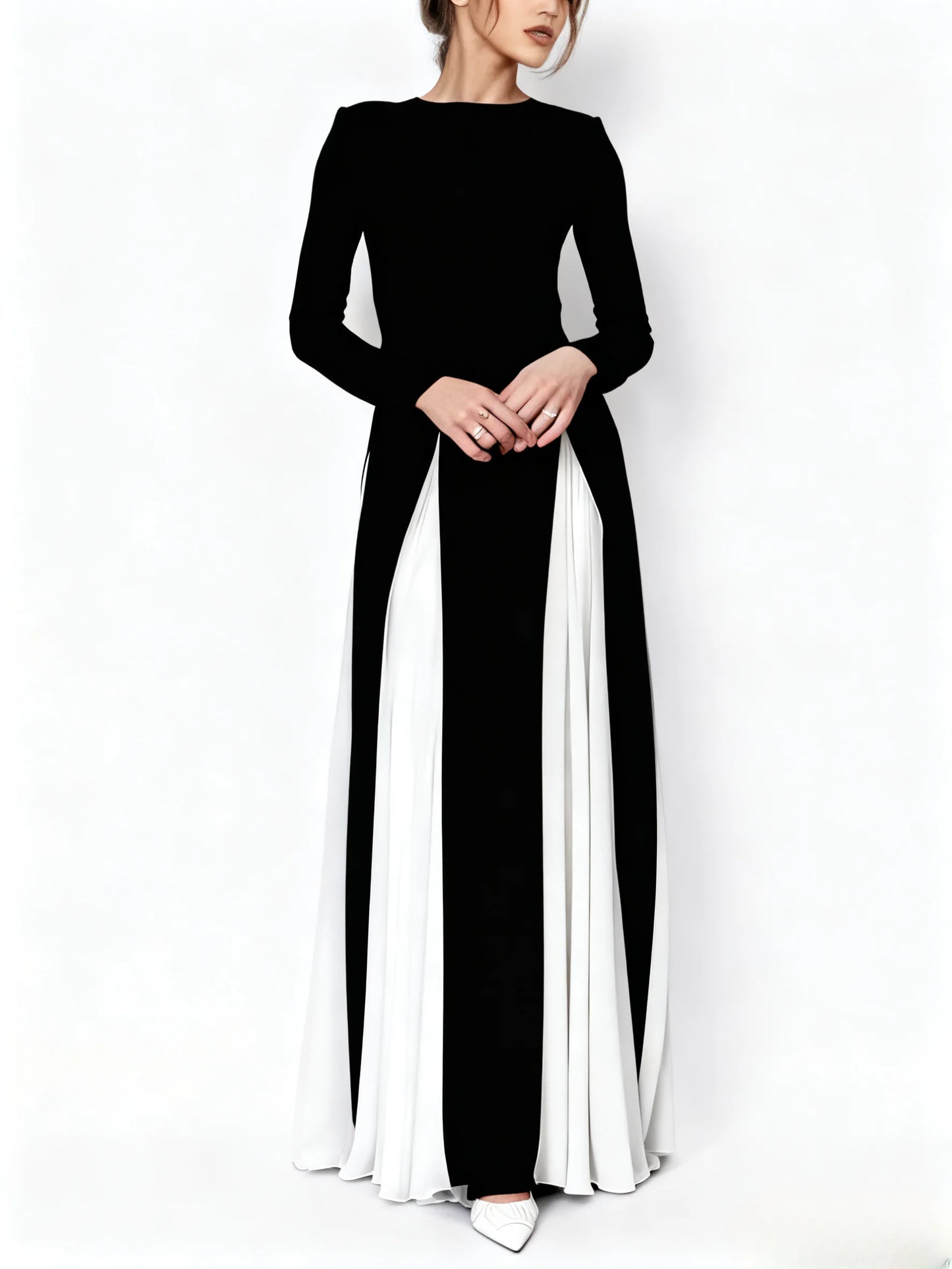 Womens Sexy Long Sleeve O Neck Colorblock A-Line Party Clubwear Long Dress